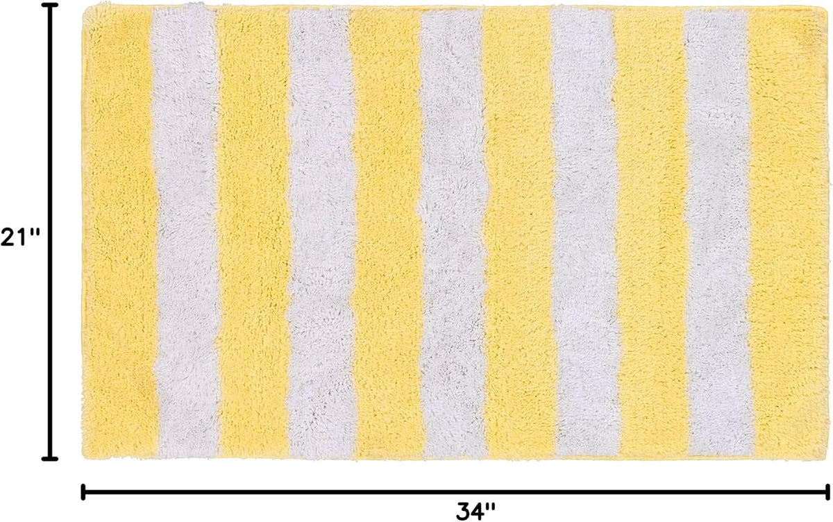Beach Stripe Yellow Striped Washable Bath Rug – Non-Slip, Quick-Dry, Soft & Absorbent Bathroom Mat, Machine Washable, Coastal Décor (21" x 34")