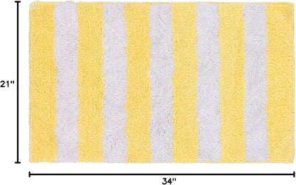 Beach Stripe Yellow Striped Washable Bath Rug – Non-Slip, Quick-Dry, Soft & Absorbent Bathroom Mat, Machine Washable, Coastal Décor (21" x 34")