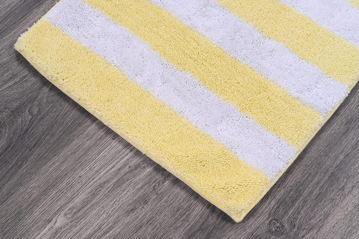 Beach Stripe Yellow Striped Washable Bath Rug – Non-Slip, Quick-Dry, Soft & Absorbent Bathroom Mat, Machine Washable, Coastal Décor (21" x 34")