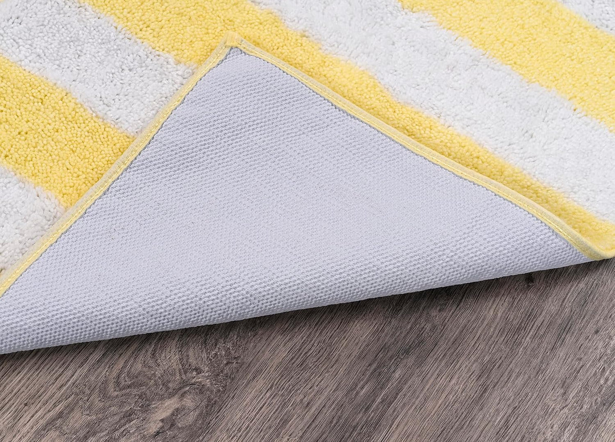 Beach Stripe Yellow Striped Washable Bath Rug – Non-Slip, Quick-Dry, Soft & Absorbent Bathroom Mat, Machine Washable, Coastal Décor (21" x 34")