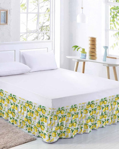 Summer Lemon Bed Skirt Queen Size 18 Inch Drop, Adjustable Elastic Wrap Around Bed Skirts Easy Fitting Dust Ruffle Bedskirt Bed Frame Cover Yellow Fruit Farm Vintage White Wood Grain