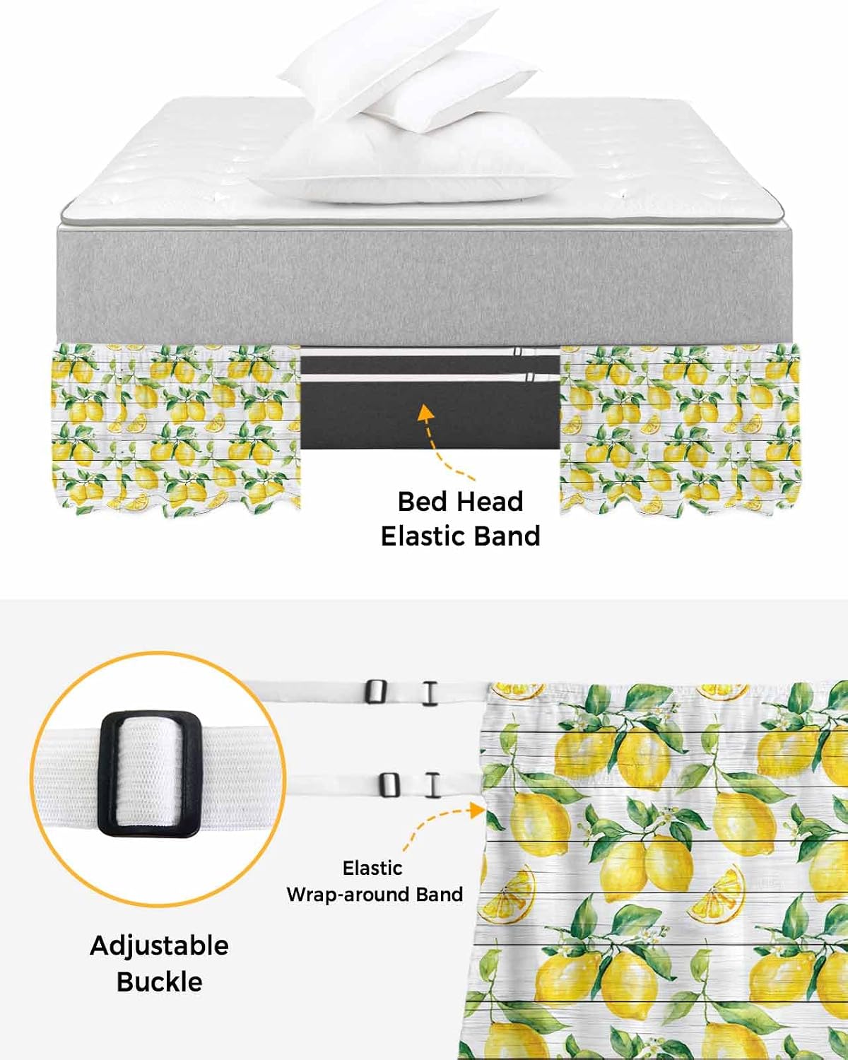 Summer Lemon Bed Skirt Queen Size 18 Inch Drop, Adjustable Elastic Wrap Around Bed Skirts Easy Fitting Dust Ruffle Bedskirt Bed Frame Cover Yellow Fruit Farm Vintage White Wood Grain