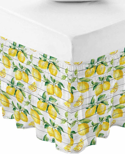 Summer Lemon Bed Skirt Queen Size 18 Inch Drop, Adjustable Elastic Wrap Around Bed Skirts Easy Fitting Dust Ruffle Bedskirt Bed Frame Cover Yellow Fruit Farm Vintage White Wood Grain