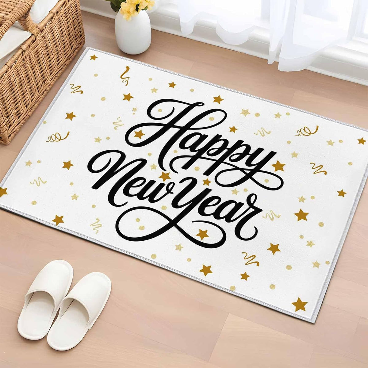 Happy New Years Kitchen Area Rugs 2x3ft, Winter Holiday Yellow Stars Ribbons Bathroom Living Room Rugs Felt Carpet Rubber Backing Non-Slip Rug for Entryway Bedroom Rectangle