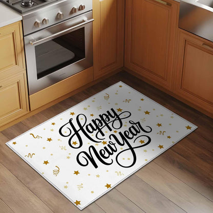 Happy New Years Kitchen Area Rugs 2x3ft, Winter Holiday Yellow Stars Ribbons Bathroom Living Room Rugs Felt Carpet Rubber Backing Non-Slip Rug for Entryway Bedroom Rectangle