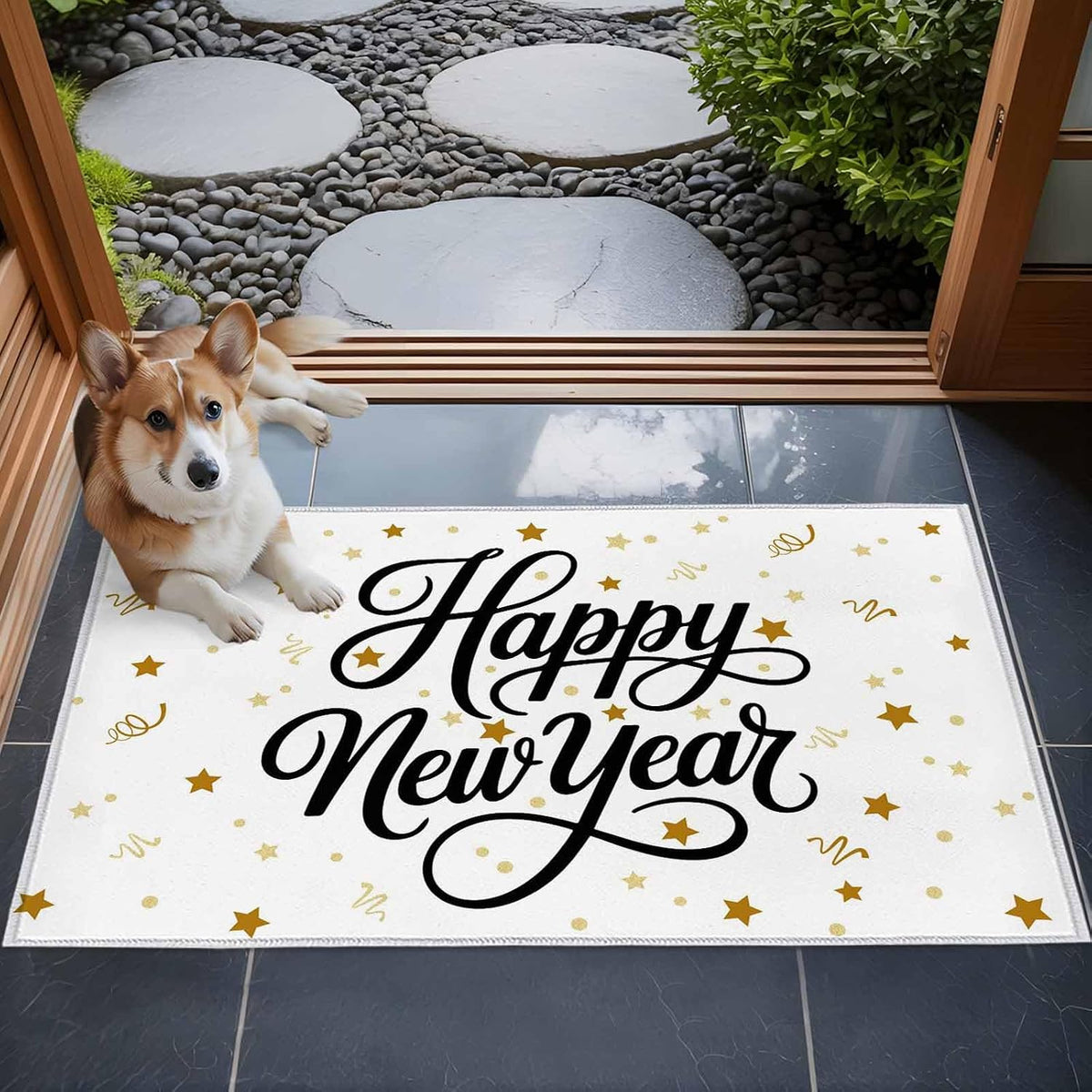 Happy New Years Kitchen Area Rugs 2x3ft, Winter Holiday Yellow Stars Ribbons Bathroom Living Room Rugs Felt Carpet Rubber Backing Non-Slip Rug for Entryway Bedroom Rectangle