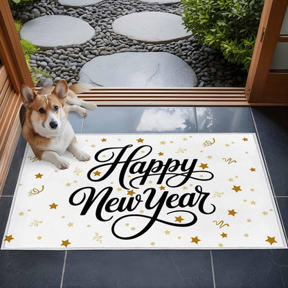 Happy New Years Kitchen Area Rugs 2x3ft, Winter Holiday Yellow Stars Ribbons Bathroom Living Room Rugs Felt Carpet Rubber Backing Non-Slip Rug for Entryway Bedroom Rectangle