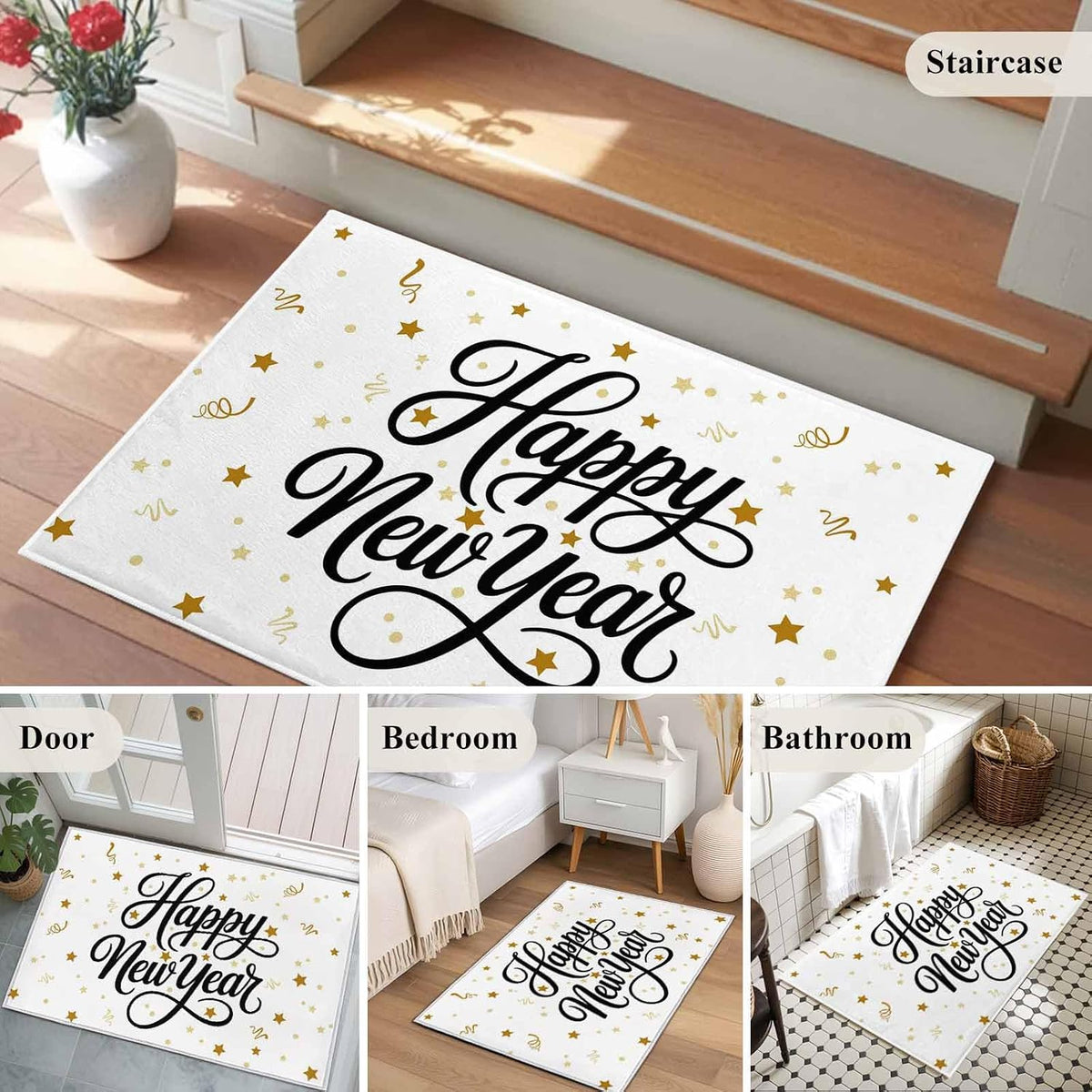Happy New Years Kitchen Area Rugs 2x3ft, Winter Holiday Yellow Stars Ribbons Bathroom Living Room Rugs Felt Carpet Rubber Backing Non-Slip Rug for Entryway Bedroom Rectangle
