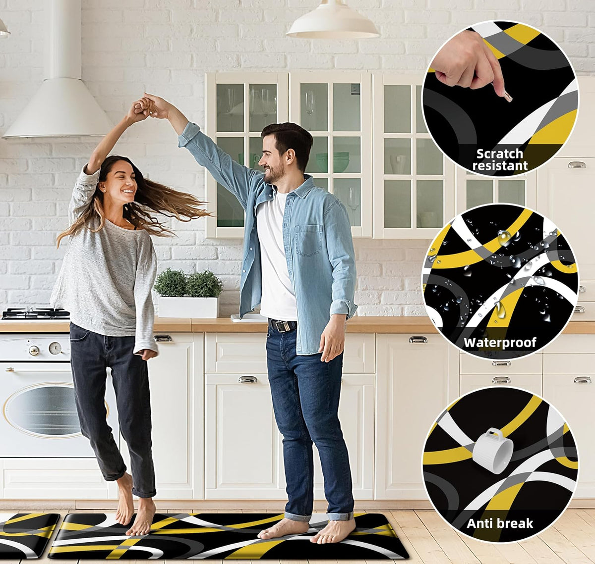 Kitchen Mats for Floor Modern Stripe kitchen rugs Black and Yellow Stripe Anti Fatigue Kitchen Mats Waterproof Floor Mats Cushioned Non-Skid Standing Mats for Kitchen, Set of 2,17.3 x 28+17.3 x 47