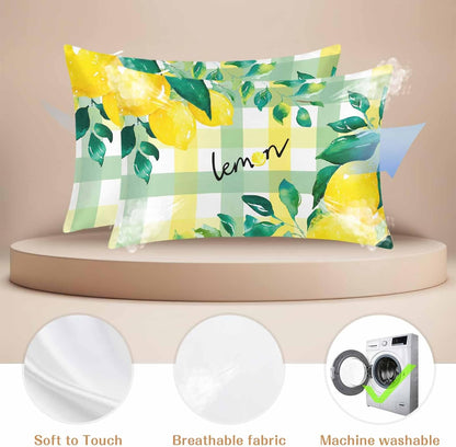 Summer Lemon Pillow Cases Standard Size Set of 2, Botanical Fruit Leaves Yellow Green Striped Satin Pillowcase with Zipper for Hair/Skin, Decorative Pillow Covers for Bed/Couch/Sofa, 20x26 Inches