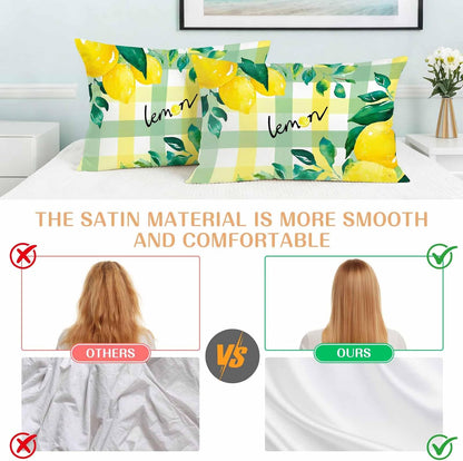 Summer Lemon Pillow Cases Standard Size Set of 2, Botanical Fruit Leaves Yellow Green Striped Satin Pillowcase with Zipper for Hair/Skin, Decorative Pillow Covers for Bed/Couch/Sofa, 20x26 Inches