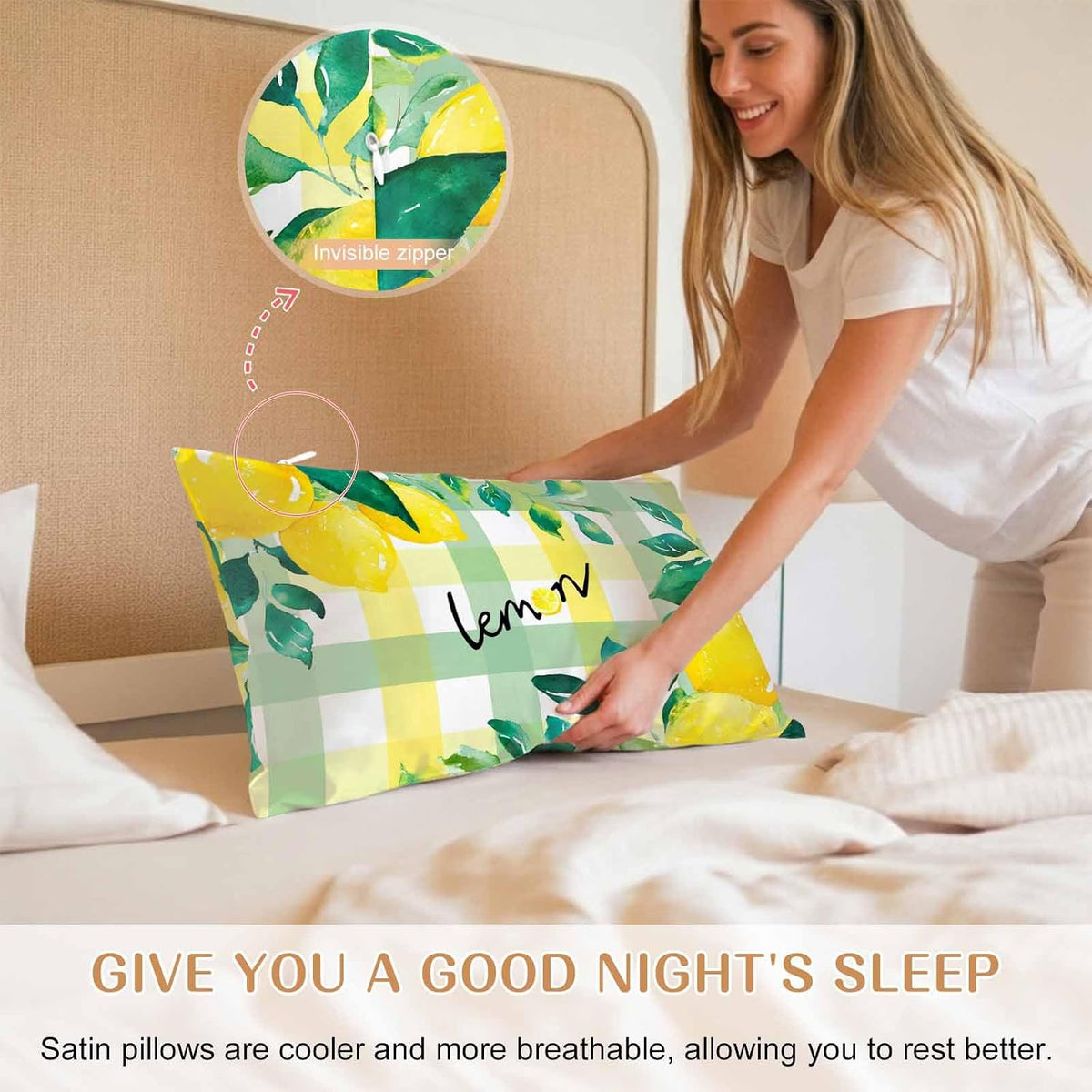 Summer Lemon Pillow Cases Standard Size Set of 2, Botanical Fruit Leaves Yellow Green Striped Satin Pillowcase with Zipper for Hair/Skin, Decorative Pillow Covers for Bed/Couch/Sofa, 20x26 Inches