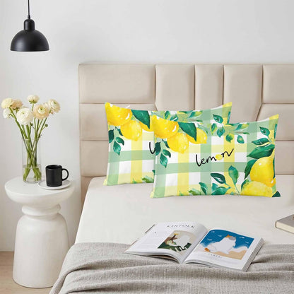 Summer Lemon Pillow Cases Standard Size Set of 2, Botanical Fruit Leaves Yellow Green Striped Satin Pillowcase with Zipper for Hair/Skin, Decorative Pillow Covers for Bed/Couch/Sofa, 20x26 Inches