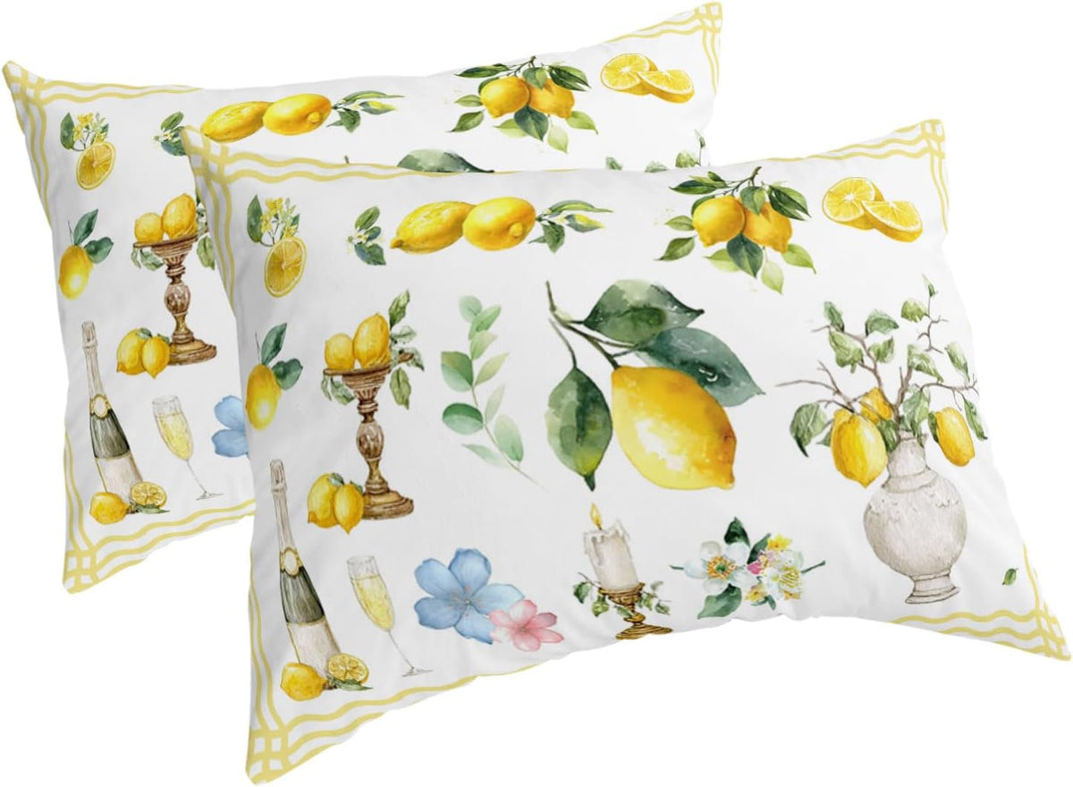 Boho Lemons Pillow Cases Standard Size Set of 2 - Microfiber Bed Throw Pillow Covers, Summer Yellow Fruits Flowers Leaf Stripe Decorative Lumbar Pillow Cover with Envelope Closure for Sofa 20"x26"