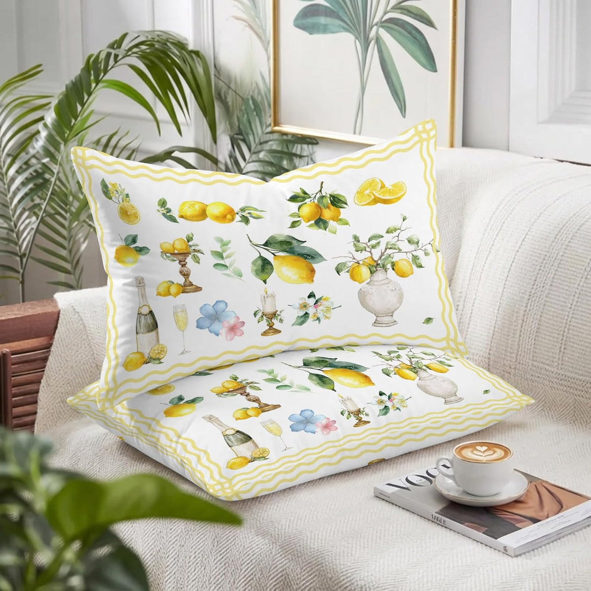 Boho Lemons Pillow Cases Standard Size Set of 2 - Microfiber Bed Throw Pillow Covers, Summer Yellow Fruits Flowers Leaf Stripe Decorative Lumbar Pillow Cover with Envelope Closure for Sofa 20"x26"