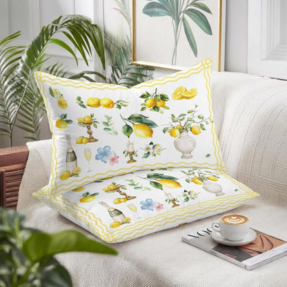 Boho Lemons Pillow Cases Standard Size Set of 2 - Microfiber Bed Throw Pillow Covers, Summer Yellow Fruits Flowers Leaf Stripe Decorative Lumbar Pillow Cover with Envelope Closure for Sofa 20"x26"