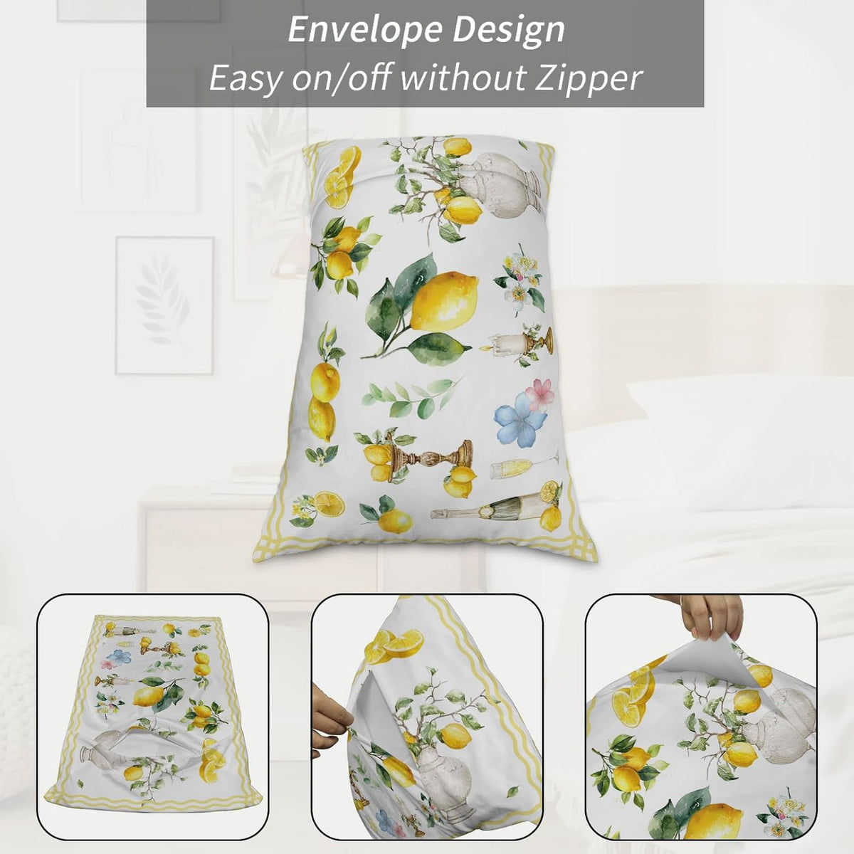 Boho Lemons Pillow Cases Standard Size Set of 2 - Microfiber Bed Throw Pillow Covers, Summer Yellow Fruits Flowers Leaf Stripe Decorative Lumbar Pillow Cover with Envelope Closure for Sofa 20"x26"