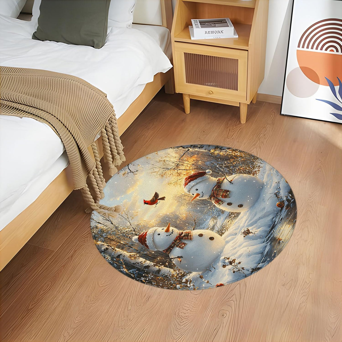 Merry Christmas Round Rug 2ft-Winter Snowman Snowy Forest Yellow Leaves Bird Lake Sunset Farmhouse Snow Scene Bathroom Rug Microfiber Memory Foam Area Rugs for Living Room Kitchen Bath Floor Rugs