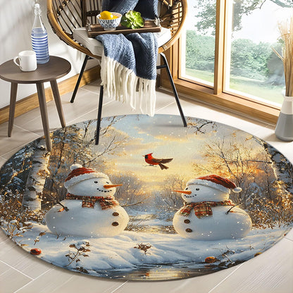 Merry Christmas Round Rug 2ft-Winter Snowman Snowy Forest Yellow Leaves Bird Lake Sunset Farmhouse Snow Scene Bathroom Rug Microfiber Memory Foam Area Rugs for Living Room Kitchen Bath Floor Rugs