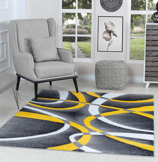 Area Rug 4x6 Yellow Door Mat Modern Swirls Carpet Bedroom Living Room Contemporary Dining Accent Sevilla Collection 4816