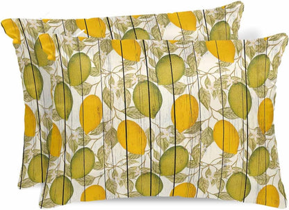 Floral Standard Pillowcase Set of 2, Yellow Green Lemon Leaves Branches Wood Grain Satin Pillow Case Cover with Smooth Hidden Zipper Closure, Soft Throw Pillow Covers Cases for Home Decor 20X26 Inch