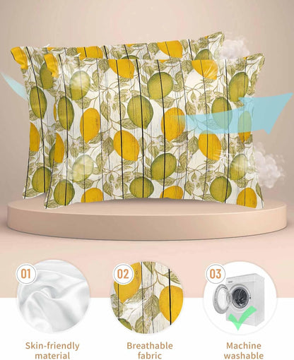 Floral Standard Pillowcase Set of 2, Yellow Green Lemon Leaves Branches Wood Grain Satin Pillow Case Cover with Smooth Hidden Zipper Closure, Soft Throw Pillow Covers Cases for Home Decor 20X26 Inch