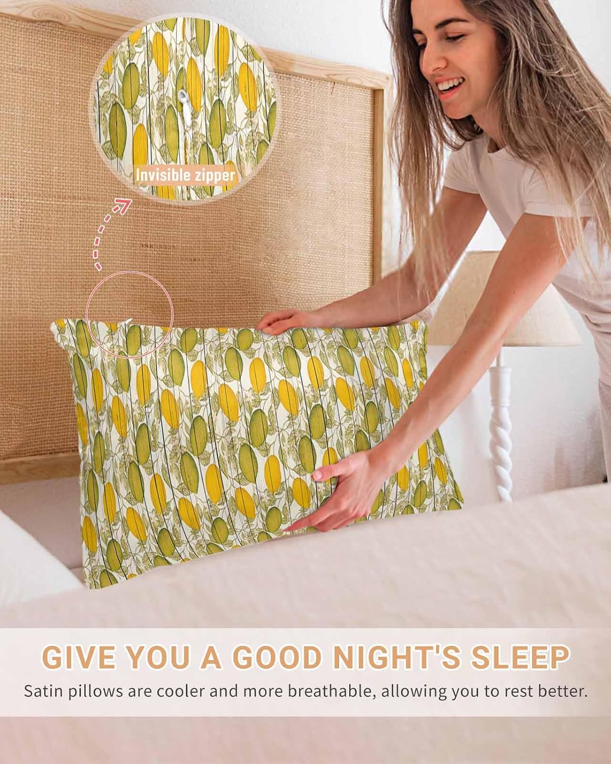 Floral Standard Pillowcase Set of 2, Yellow Green Lemon Leaves Branches Wood Grain Satin Pillow Case Cover with Smooth Hidden Zipper Closure, Soft Throw Pillow Covers Cases for Home Decor 20X26 Inch