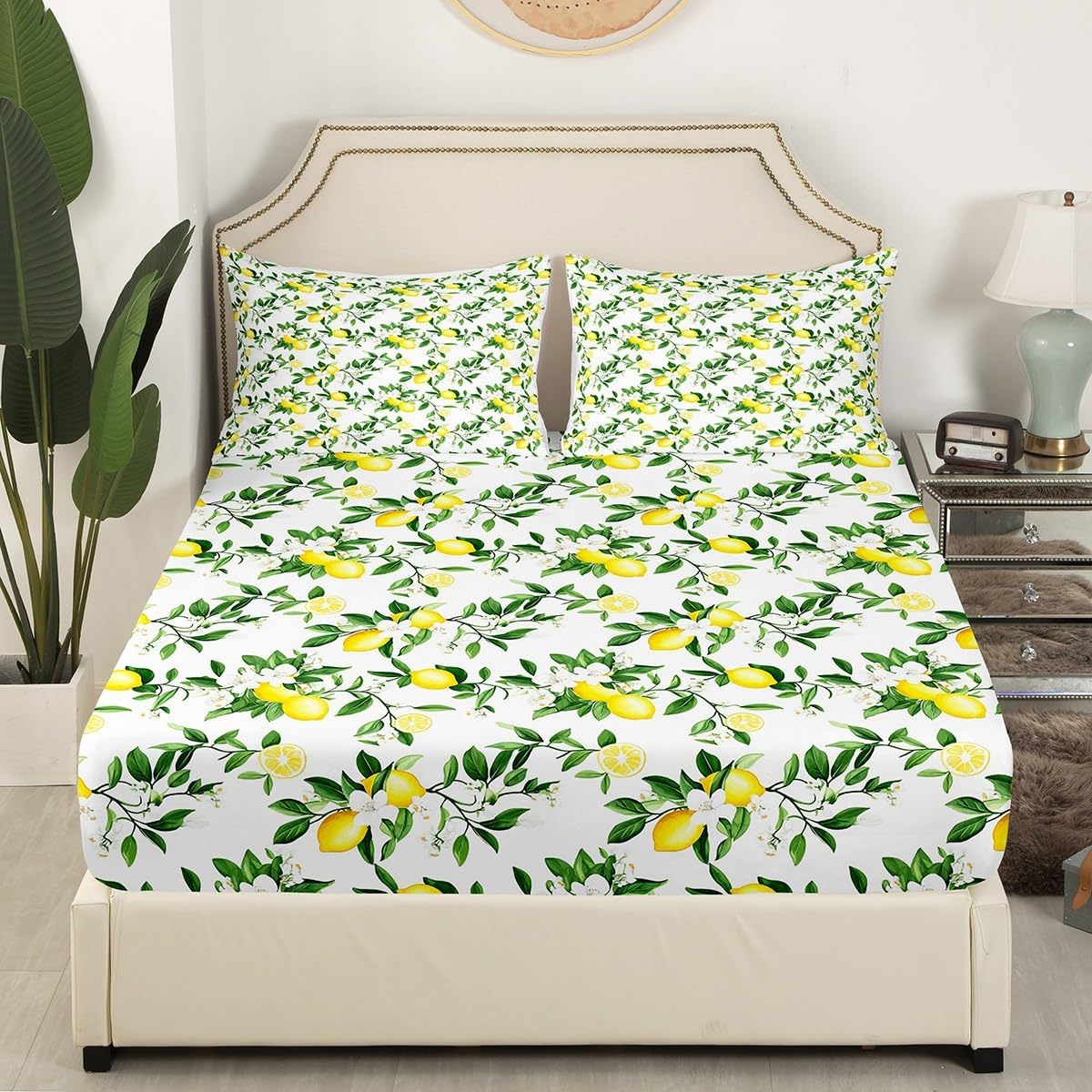Lemon Bedding Set Twin,Flowers Summer Fruits Bottom Sheet for Kids Teens Adults Girls Room Decor,Green Leaves Plants Bed Cover Fresh Nature Yellow White 3pcs Fitted Sheet+Flat Sheet+1 Pillowcase