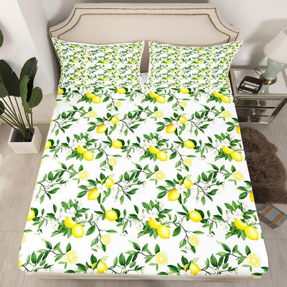 Lemon Bedding Set Twin,Flowers Summer Fruits Bottom Sheet for Kids Teens Adults Girls Room Decor,Green Leaves Plants Bed Cover Fresh Nature Yellow White 3pcs Fitted Sheet+Flat Sheet+1 Pillowcase