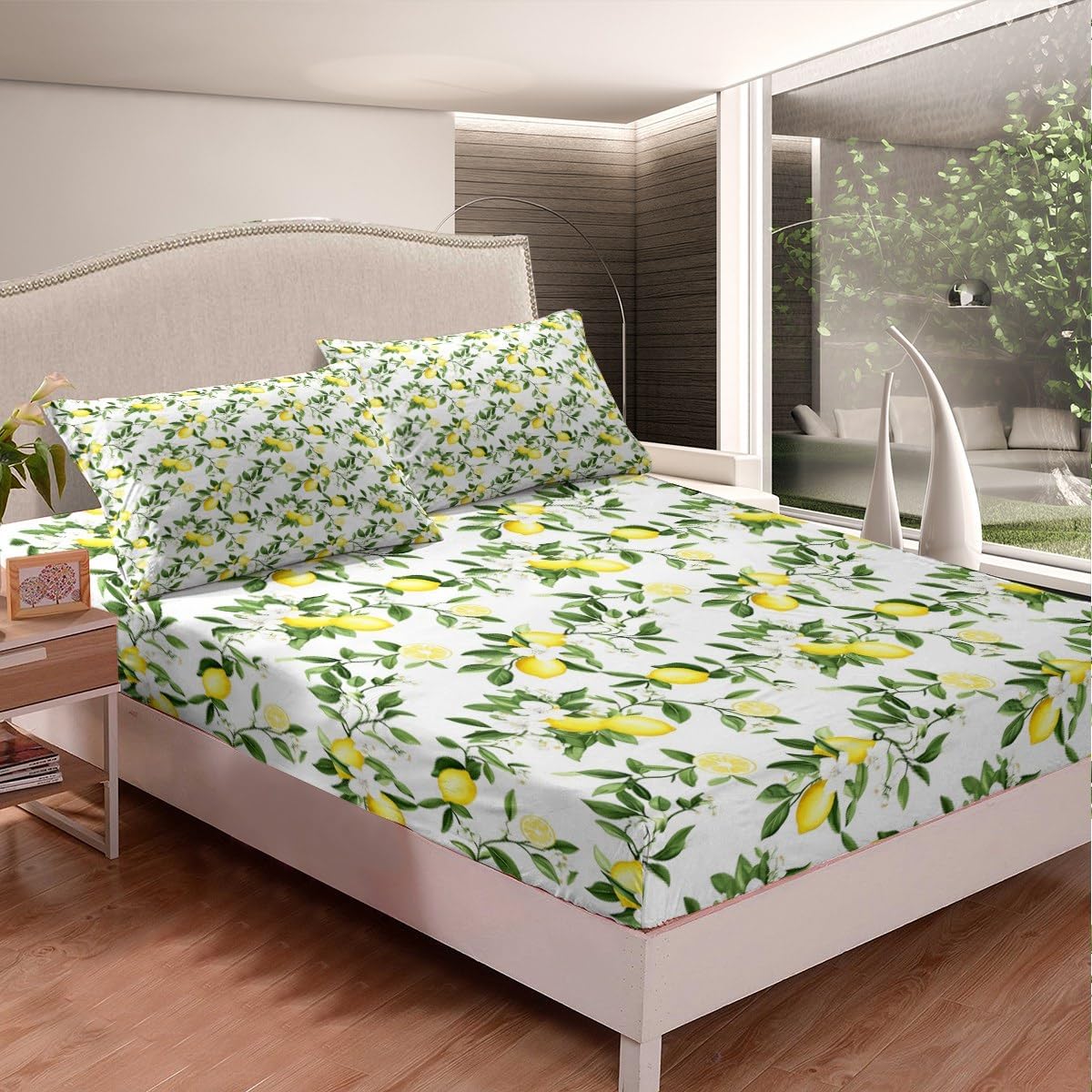 Lemon Bedding Set Twin,Flowers Summer Fruits Bottom Sheet for Kids Teens Adults Girls Room Decor,Green Leaves Plants Bed Cover Fresh Nature Yellow White 3pcs Fitted Sheet+Flat Sheet+1 Pillowcase