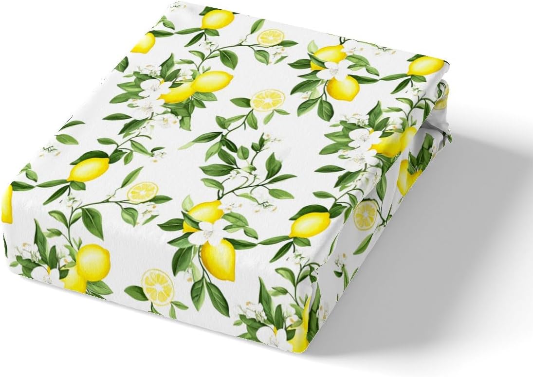 Lemon Bedding Set Twin,Flowers Summer Fruits Bottom Sheet for Kids Teens Adults Girls Room Decor,Green Leaves Plants Bed Cover Fresh Nature Yellow White 3pcs Fitted Sheet+Flat Sheet+1 Pillowcase