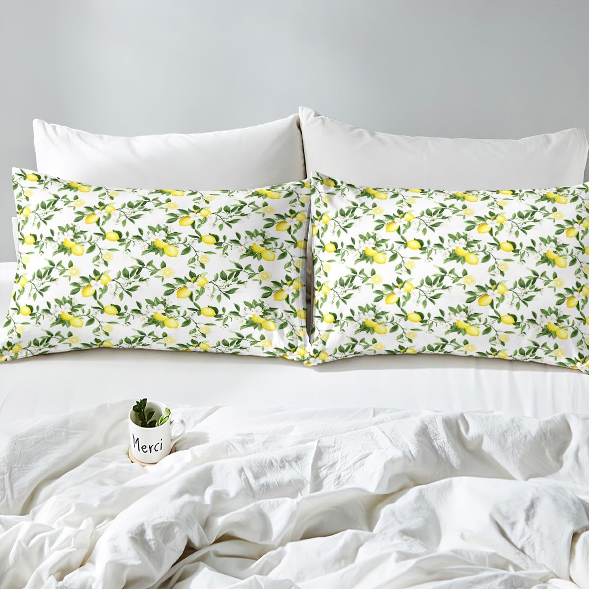 Lemon Bedding Set Twin,Flowers Summer Fruits Bottom Sheet for Kids Teens Adults Girls Room Decor,Green Leaves Plants Bed Cover Fresh Nature Yellow White 3pcs Fitted Sheet+Flat Sheet+1 Pillowcase