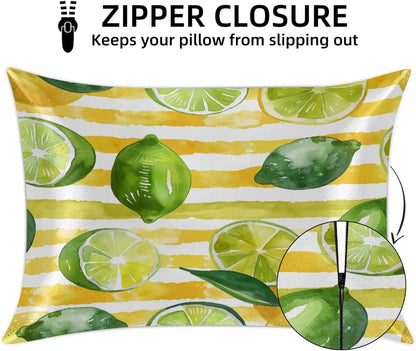 Yellow Striped Lemon Satin Pillowcase for Hair and Skin Pillow Cases Queen Size Soft Cooling Satin Pillow Covers with Zipper for Men Women 20x30 Inches