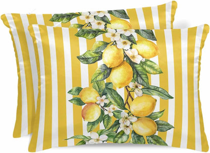 Satin Pillowcase for Hair and Skin Standard Size 2 Pack Yellow Lemon Stripes Satin Pillow Case Soft Breathable Cooling Silk Floral Fruit Leaves Pillowcases with Hidden Zipper Throw Pillow Covers 20x26