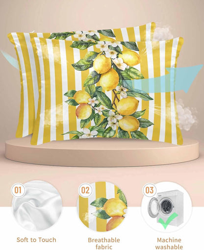 Satin Pillowcase for Hair and Skin Standard Size 2 Pack Yellow Lemon Stripes Satin Pillow Case Soft Breathable Cooling Silk Floral Fruit Leaves Pillowcases with Hidden Zipper Throw Pillow Covers 20x26