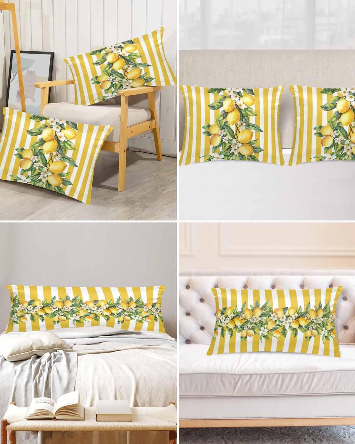 Satin Pillowcase for Hair and Skin Standard Size 2 Pack Yellow Lemon Stripes Satin Pillow Case Soft Breathable Cooling Silk Floral Fruit Leaves Pillowcases with Hidden Zipper Throw Pillow Covers 20x26