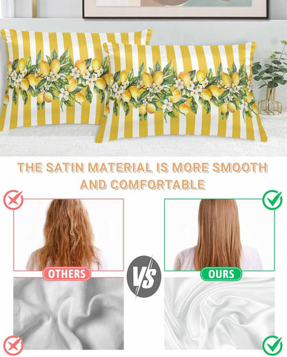Satin Pillowcase for Hair and Skin Standard Size 2 Pack Yellow Lemon Stripes Satin Pillow Case Soft Breathable Cooling Silk Floral Fruit Leaves Pillowcases with Hidden Zipper Throw Pillow Covers 20x26