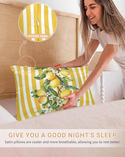 Satin Pillowcase for Hair and Skin Standard Size 2 Pack Yellow Lemon Stripes Satin Pillow Case Soft Breathable Cooling Silk Floral Fruit Leaves Pillowcases with Hidden Zipper Throw Pillow Covers 20x26