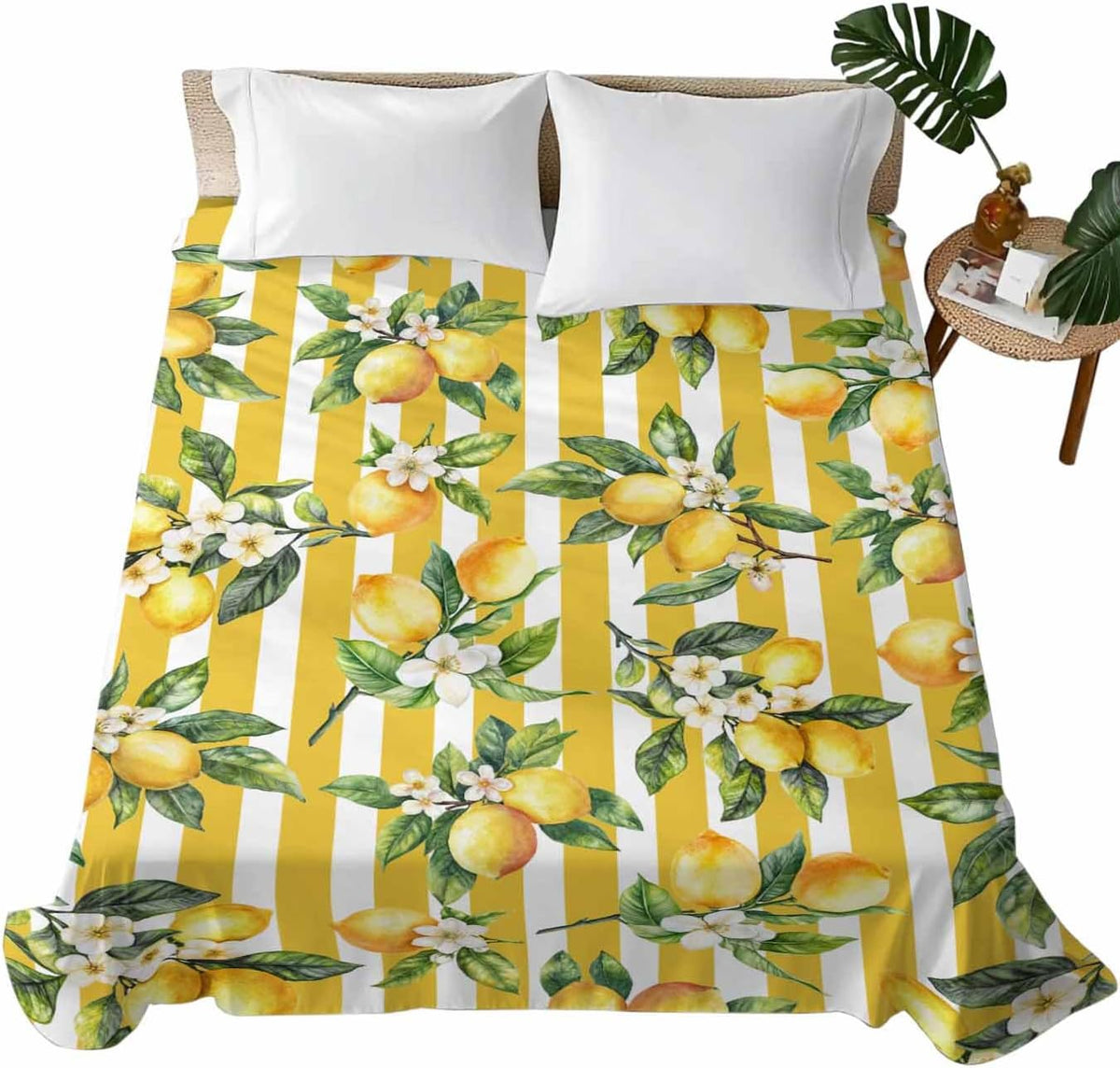 Bedding Flat Sheet - Hotel Quality Twin Top Sheet - Farm Lemon Fruit Yellow Stripe Soft Breathable Microfiber Fabric Bed Top Sheet 1 Flat Sheet Only,Watercolor Flower Green Leaves