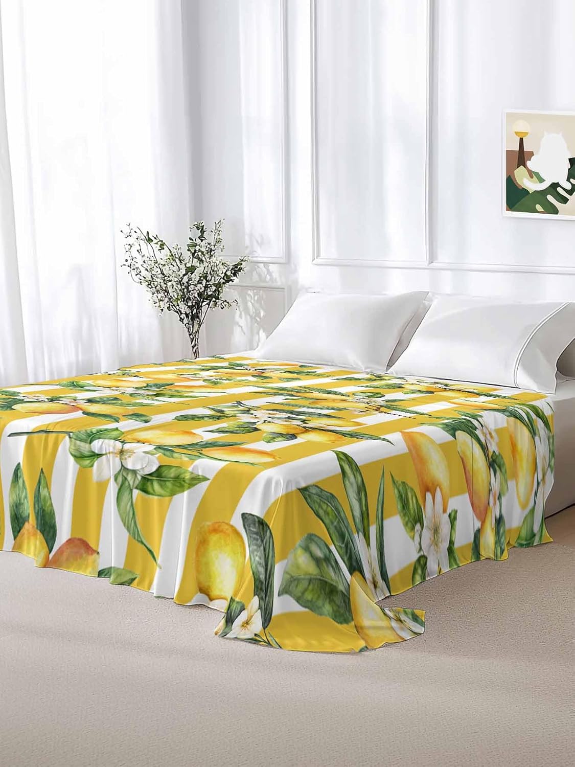 Bedding Flat Sheet - Hotel Quality Twin Top Sheet - Farm Lemon Fruit Yellow Stripe Soft Breathable Microfiber Fabric Bed Top Sheet 1 Flat Sheet Only,Watercolor Flower Green Leaves