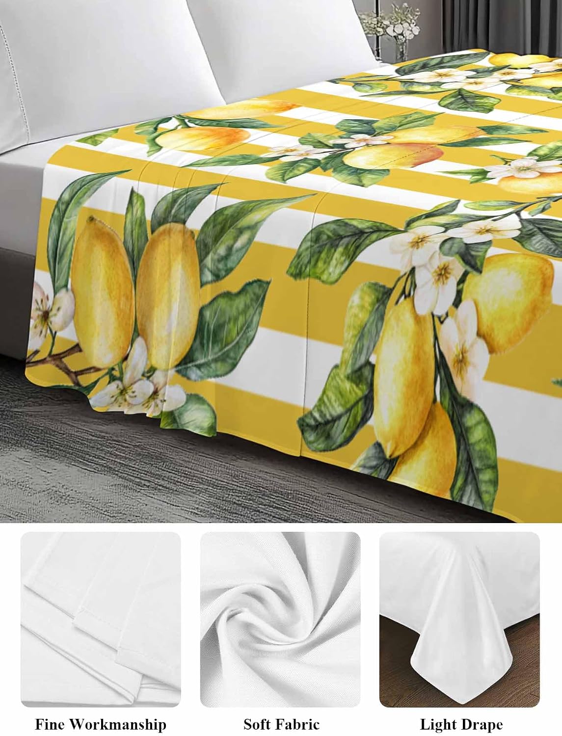 Bedding Flat Sheet - Hotel Quality Twin Top Sheet - Farm Lemon Fruit Yellow Stripe Soft Breathable Microfiber Fabric Bed Top Sheet 1 Flat Sheet Only,Watercolor Flower Green Leaves