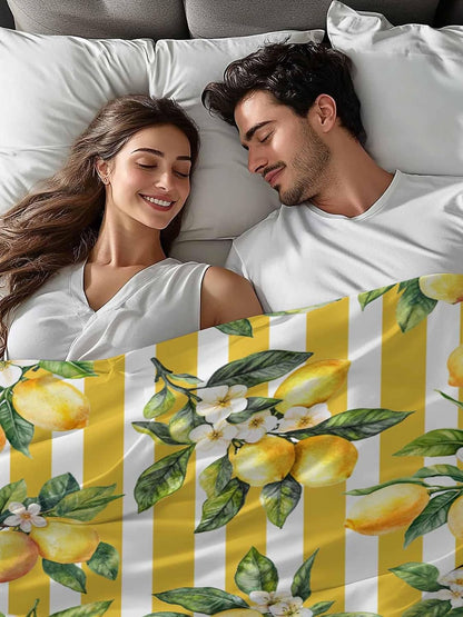 Bedding Flat Sheet - Hotel Quality Twin Top Sheet - Farm Lemon Fruit Yellow Stripe Soft Breathable Microfiber Fabric Bed Top Sheet 1 Flat Sheet Only,Watercolor Flower Green Leaves