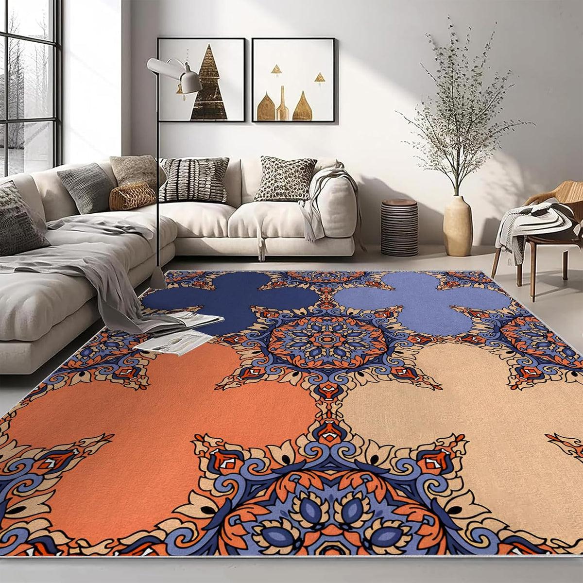 3×5ft Modern Geometric Area Rug - Non Slip Low Pile Polyester Rug for Living Room,Bedroom,Office Simple,Machine Washable Geometric Design Carpet Light Yellow