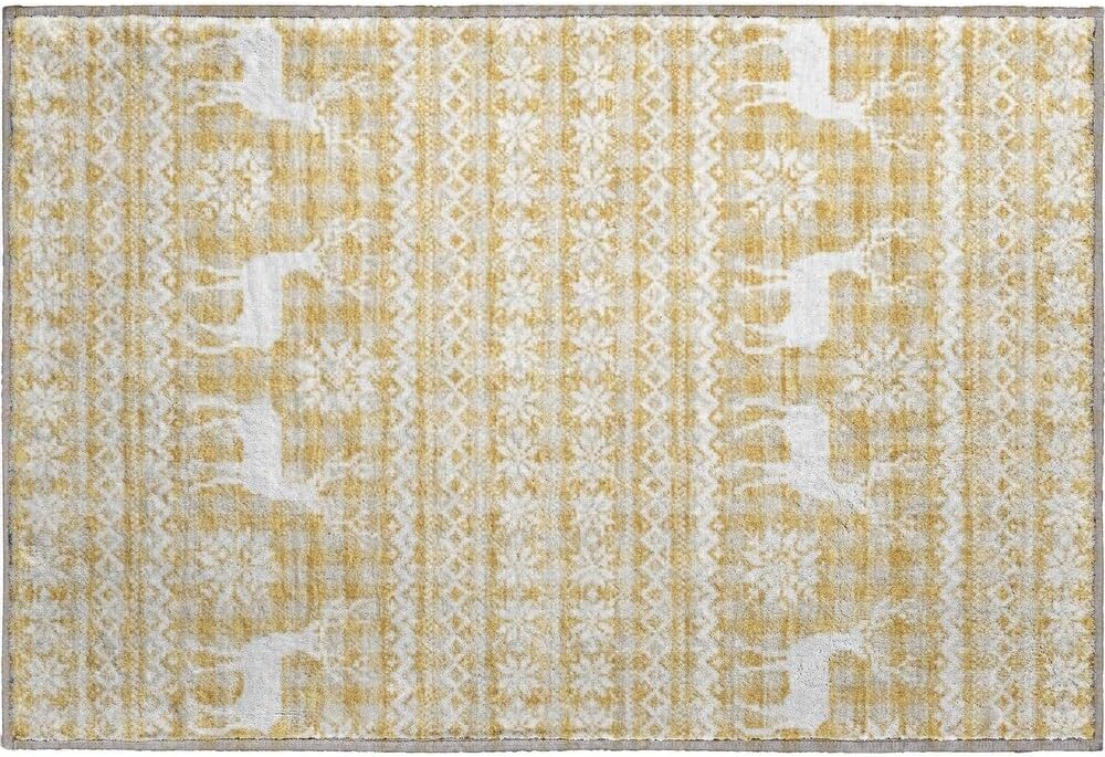 Holiday Festive Theme Soft Plush Thick Pile Christmas Area Rug 1'8" X 2'6" | Winter Cheer Xmas Playful Deer Snowflakes Plaid Patterns Gold Yellow White Color | Washable Nonslip Indoor Outdoor Rugs