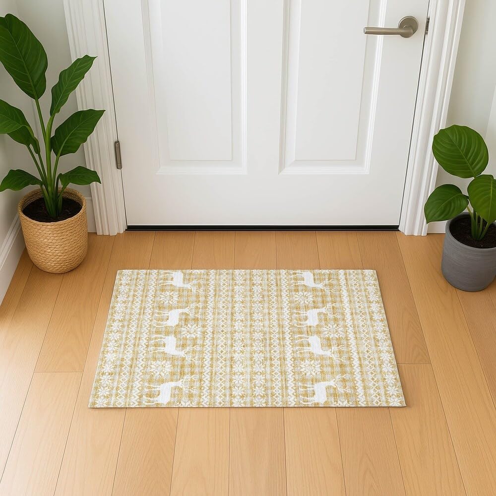 Holiday Festive Theme Soft Plush Thick Pile Christmas Area Rug 1'8" X 2'6" | Winter Cheer Xmas Playful Deer Snowflakes Plaid Patterns Gold Yellow White Color | Washable Nonslip Indoor Outdoor Rugs