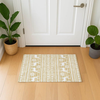 Holiday Festive Theme Soft Plush Thick Pile Christmas Area Rug 1'8" X 2'6" | Winter Cheer Xmas Playful Deer Snowflakes Plaid Patterns Gold Yellow White Color | Washable Nonslip Indoor Outdoor Rugs