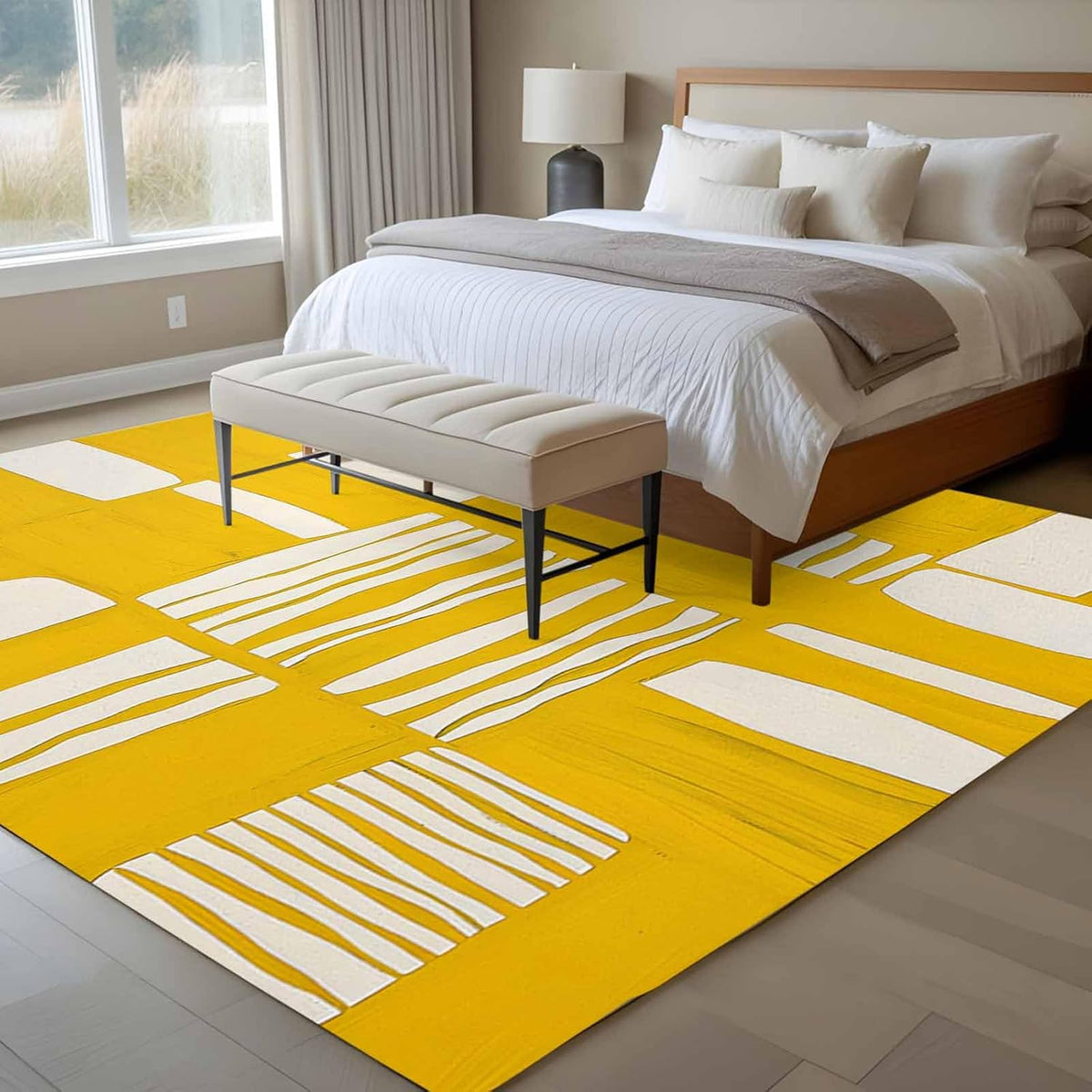 Minimalist Art Line 5'x7' Area Rugs, Yellow Linear Abstract Composition Washable Area Rugs Non-Slip Indoor Floor Mats Carpet for Living Room Bedroom Dining Room