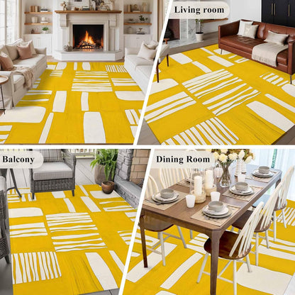 Minimalist Art Line 5'x7' Area Rugs, Yellow Linear Abstract Composition Washable Area Rugs Non-Slip Indoor Floor Mats Carpet for Living Room Bedroom Dining Room