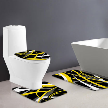 3 Piece Modern Geometric Bath Mat Set Yellow Black Gray White Abstract Boho Geometric Striped Mid Century Vintage Farmhouse 24x70 Inches Bathroom Rugs,Toilet Seat Cover,U-Shaped Floor Rug