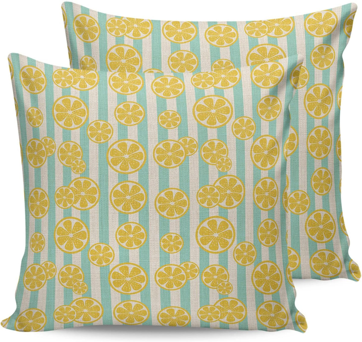Yellow Lemon Teal Stripes Linen Background 2PCS Throw Pillow Covers for Couch Sofa Bed, Pillow Covers 18x18 inch, Standard Pillowcases Set Decorative Cushion Covers for Living Room Bedroom